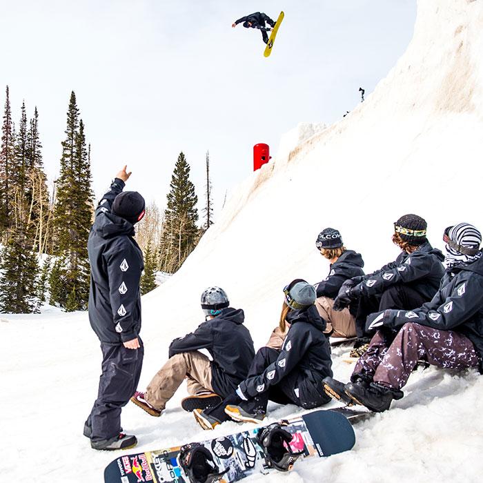 Group of Volcom riders wearing Volcom Outerwear.