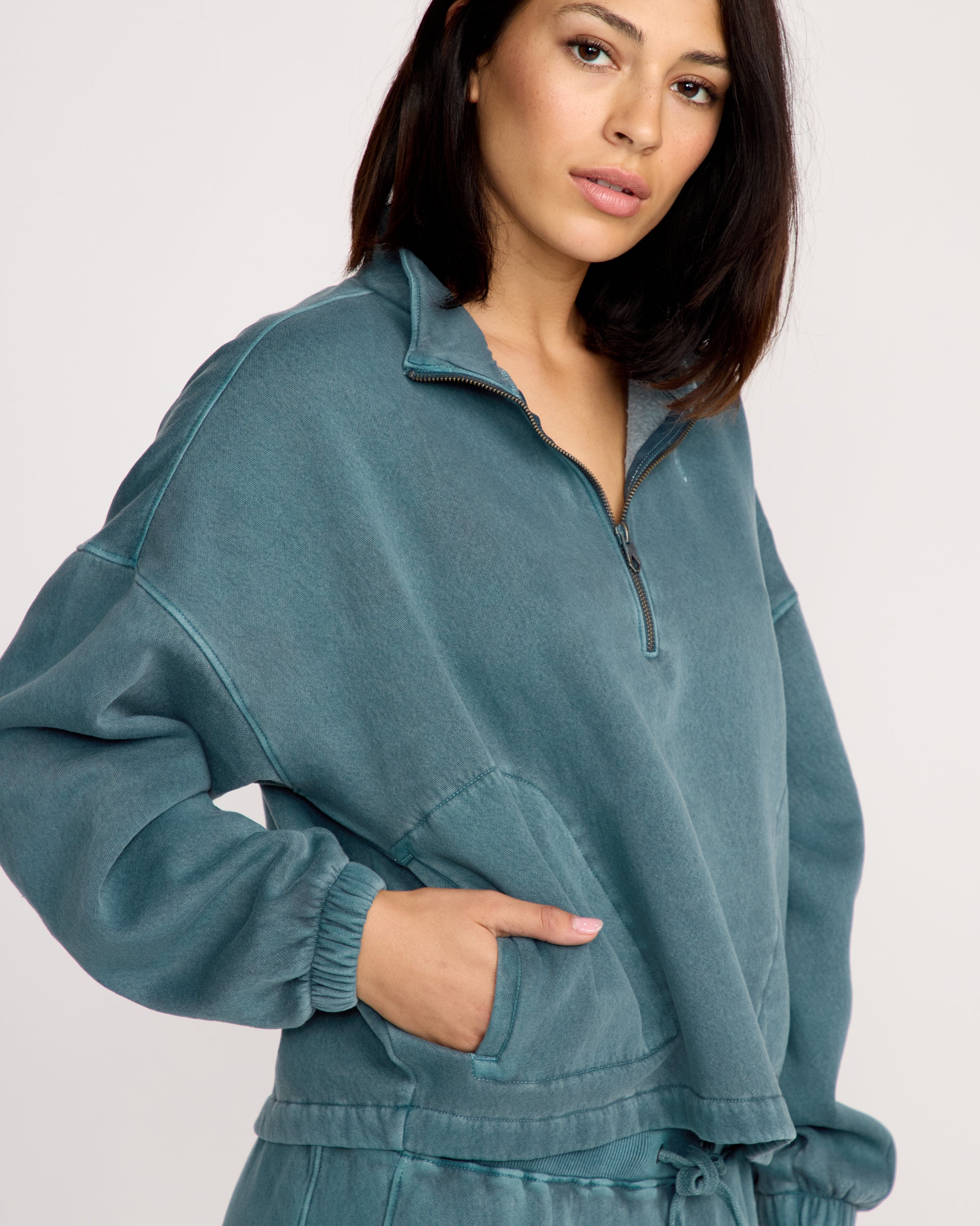 Stone Soft Quarter Zip Sweatshirt - Emerald Green - Women - Volcom