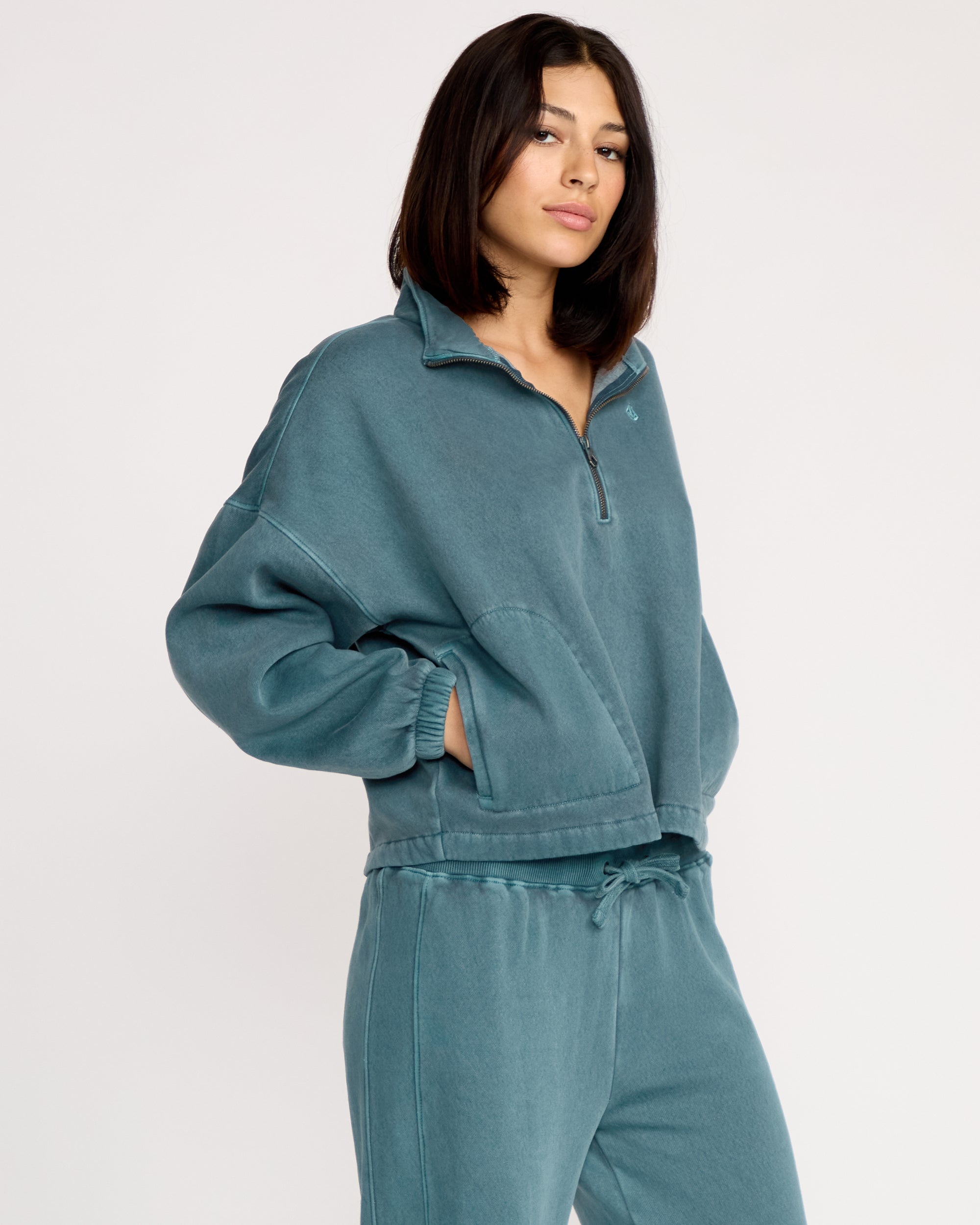 Stone Soft Quarter Zip Sweatshirt - Emerald Green - Women - Volcom