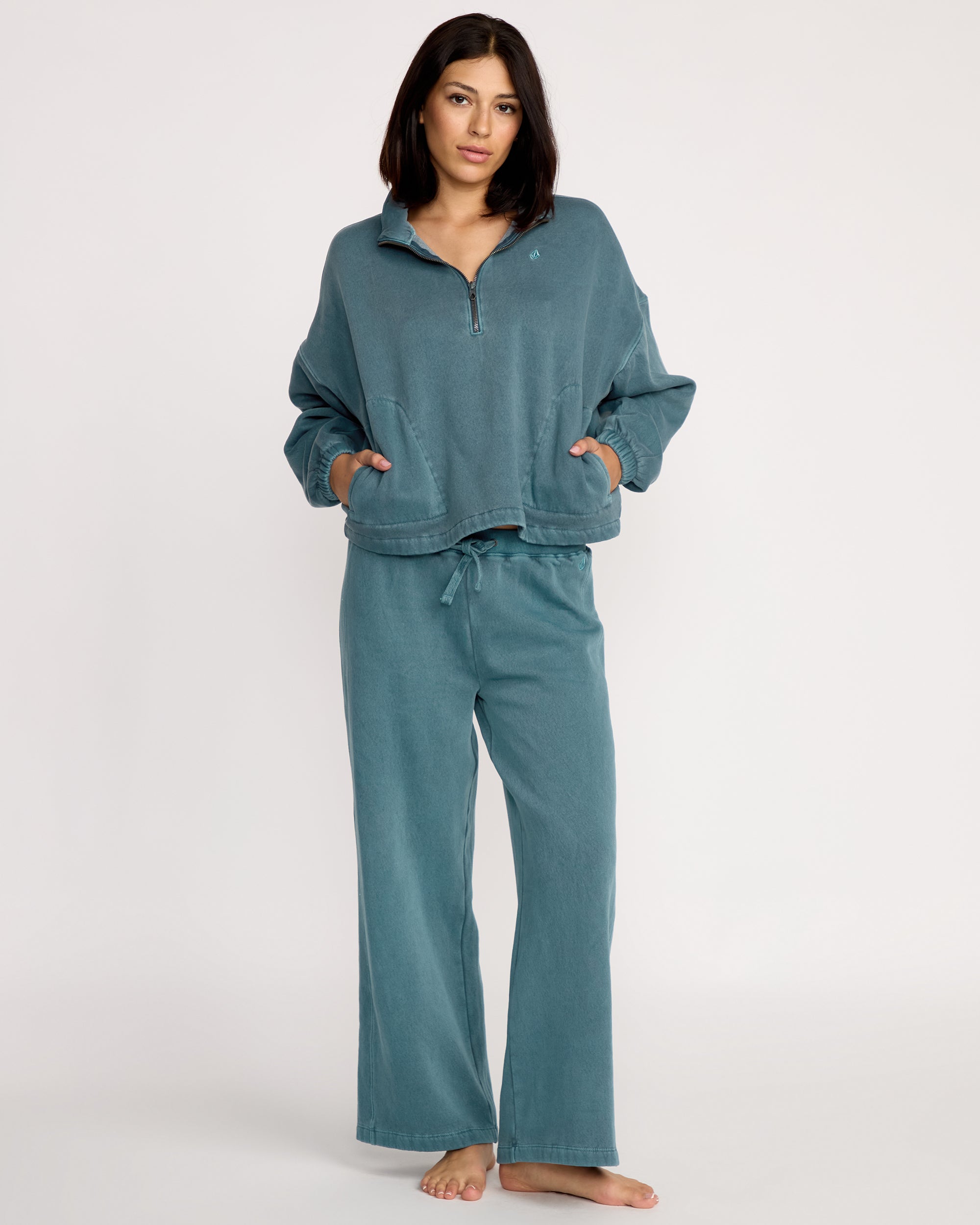 Stone Soft Quarter Zip Sweatshirt - Emerald Green - Women - Volcom